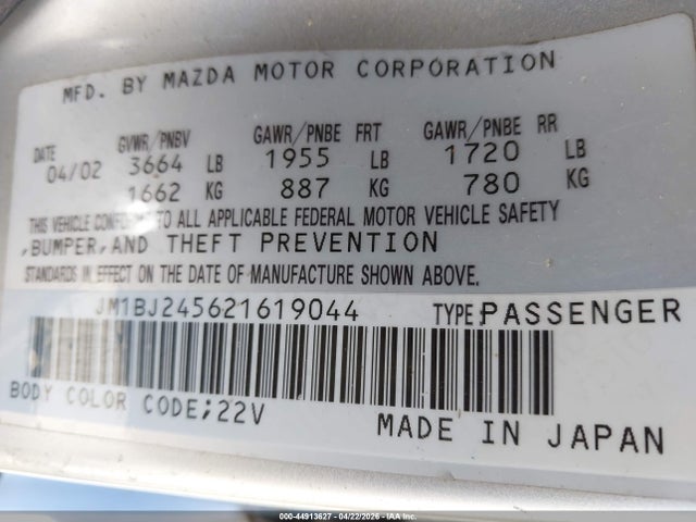 44913627 :رقم المزاد ، JM1BJ245621619044 vin ، 2002 Mazda Protege5 مزاد بيع