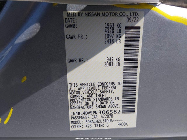 44913642 :رقم المزاد ، 1N4BL4DV9PN306582 vin ، 2023 Nissan Altima Sv Fwd مزاد بيع