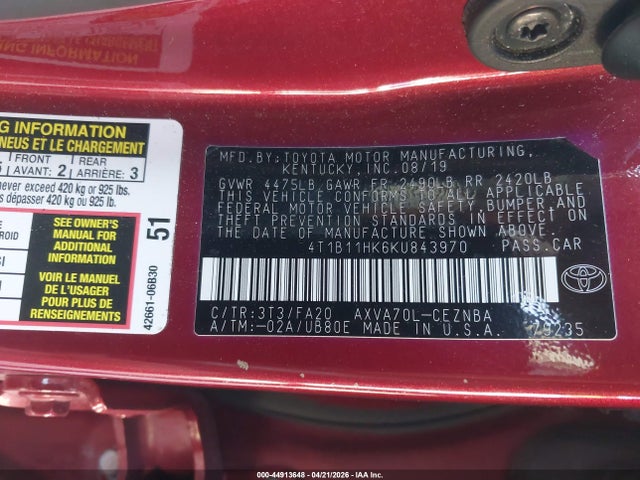 Auction sale of the 2019 Toyota Camry Le, vin: 4T1B11HK6KU843970, lot number: 44913648