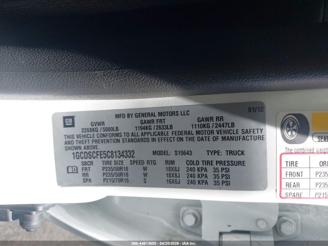 Aukcja sprzedaży 2012 Chevrolet Colorado 1lt, vin: 1GCDSCFE5C8134332, numer aukcji: 44913650