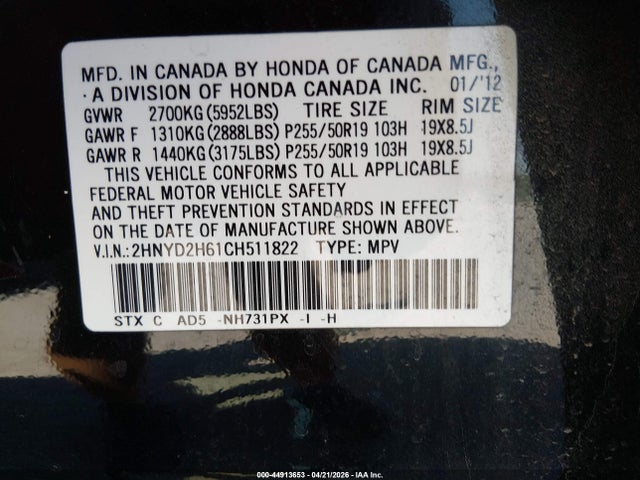 44913653 :رقم المزاد ، 2HNYD2H61CH511822 vin ، 2012 Acura Mdx Advance Package مزاد بيع