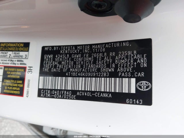 Aukcja sprzedaży 2009 Toyota Camry Le, vin: 4T1BE46K09U912283, numer aukcji: 44913661