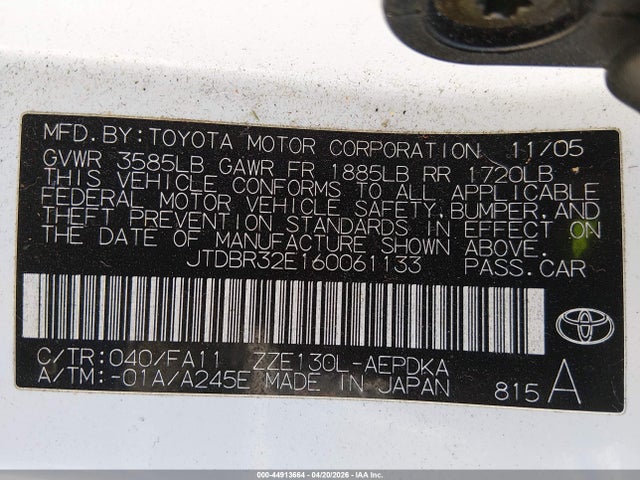 Aukcja sprzedaży 2006 Toyota Corolla Ce, vin: JTDBR32E160061133, numer aukcji: 44913664