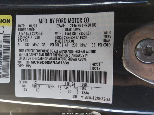 2021 Ford Bronco Sport Badlands მანქანა იყიდება აუქციონზე, vin: 3FMCR9D98MRA61839, აუქციონის ნომერი: 44913676
