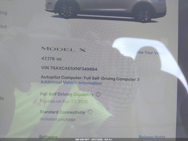 44913677 :رقم المزاد ، 7SAXCAE5XNF349694 vin ، 2022 Tesla Model X Dual Motor All-wheel Drive مزاد بيع