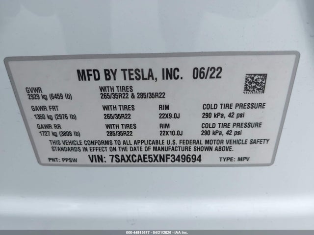 44913677 :رقم المزاد ، 7SAXCAE5XNF349694 vin ، 2022 Tesla Model X Dual Motor All-wheel Drive مزاد بيع