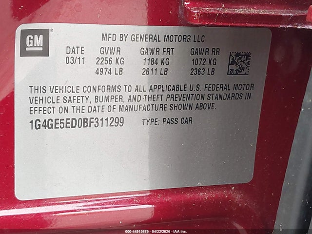 Продажа на аукционе авто 2011 Buick Lacrosse Cxs, vin: 1G4GE5ED0BF311299, номер лота: 44913679