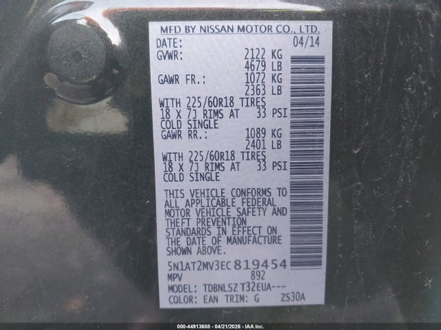 Aukcja sprzedaży 2014 Nissan Rogue Sl, vin: 5N1AT2MV3EC819454, numer aukcji: 44913688