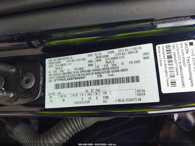 Продажа на аукционе авто 2025 Ford F-150 Xlt, vin: 1FTFW3L84SFB06947, номер лота: 44913690