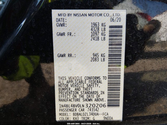 2020 Nissan Altima S Fwd მანქანა იყიდება აუქციონზე, vin: 1N4BL4BV0LN320206, აუქციონის ნომერი: 44913693
