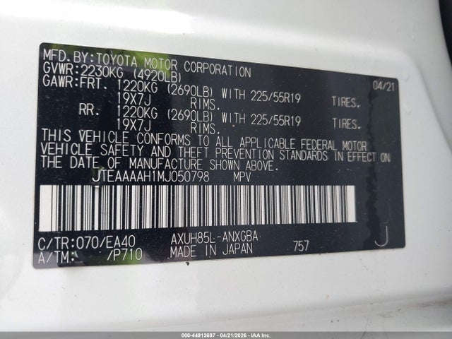 Aukcja sprzedaży 2021 Toyota Venza Xle, vin: JTEAAAAH1MJ050798, numer aukcji: 44913697