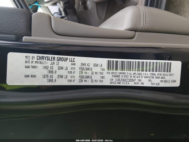 44913698 :رقم المزاد ، 1C4RJFAG2CC333547 vin ، 2012 Jeep Grand Cherokee Laredo مزاد بيع