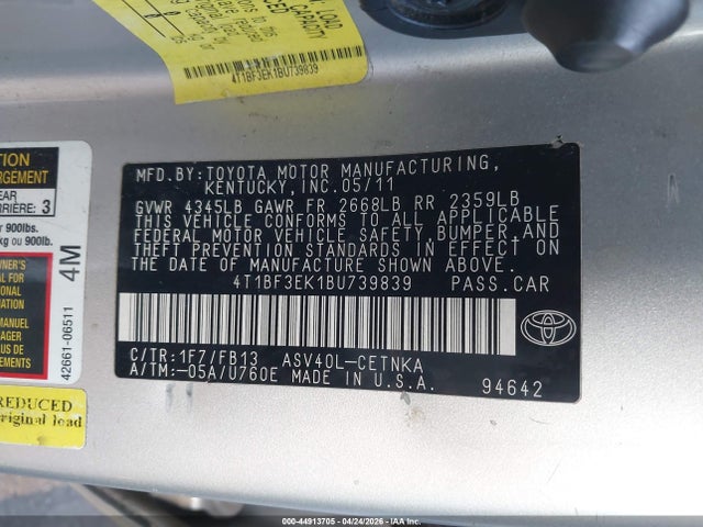 Aukcja sprzedaży 2011 Toyota Camry Le, vin: 4T1BF3EK1BU739839, numer aukcji: 44913705