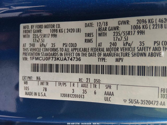 Aukcja sprzedaży 2019 Ford Escape S, vin: 1FMCU0F73KUA74736, numer aukcji: 44913706
