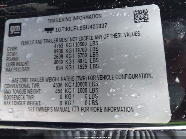 2025 Gmc Sierra Ev Max Range Denali მანქანა იყიდება აუქციონზე, vin: 1GT40LEL9SU401337, აუქციონის ნომერი: 44913708