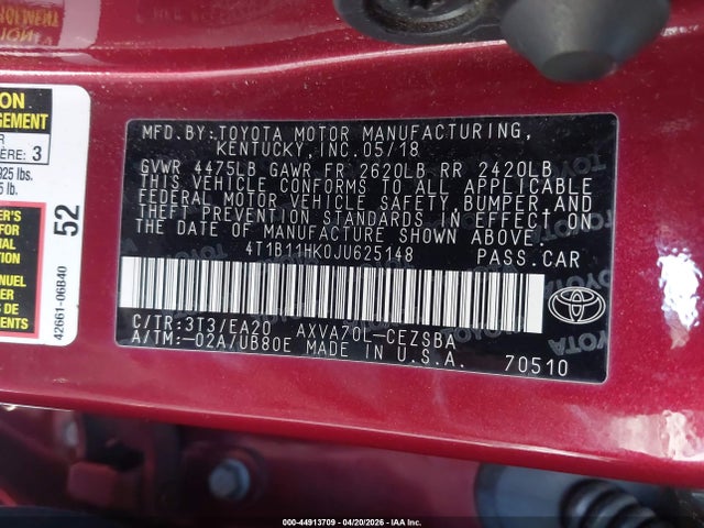4T1B11HK0JU625148 Toyota CAMRY SE