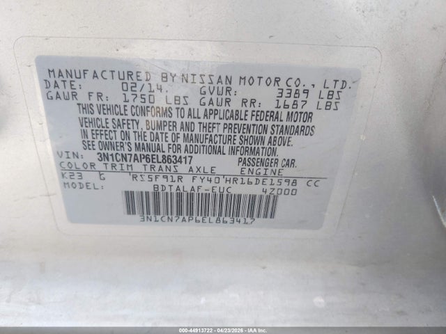Продажа на аукционе авто 2014 Nissan Versa 1.6 S, vin: 3N1CN7AP6EL863417, номер лота: 44913722