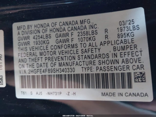 Продаж на аукціоні авто 2025 Honda Civic Hybrid Sport/sport Touring, vin: 2HGFE4F89SH340330, номер лоту: 44913729