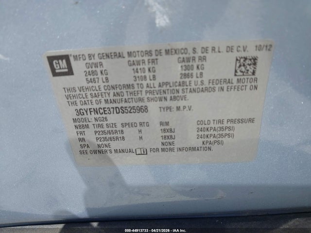 44913733 :رقم المزاد ، 3GYFNCE37DS525968 vin ، 2013 Cadillac Srx Luxury Collection مزاد بيع