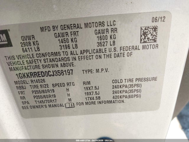 Aukcja sprzedaży 2012 Gmc Acadia Slt-1, vin: 1GKKRRED0CJ358197, numer aukcji: 44913754