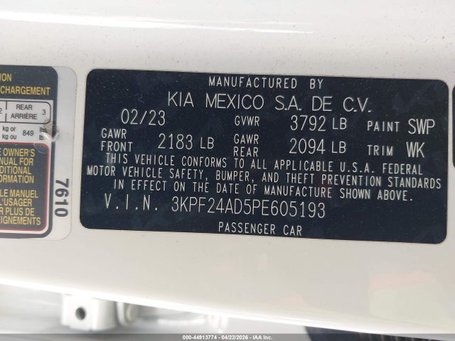 Продажа на аукционе авто 2023 Kia Forte Lxs, vin: 3KPF24AD5PE605193, номер лота: 44913774