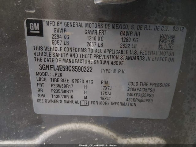 Продаж на аукціоні авто 2012 Chevrolet Captiva Sport Ltz, vin: 3GNFL4E58CS590322, номер лоту: 44913783