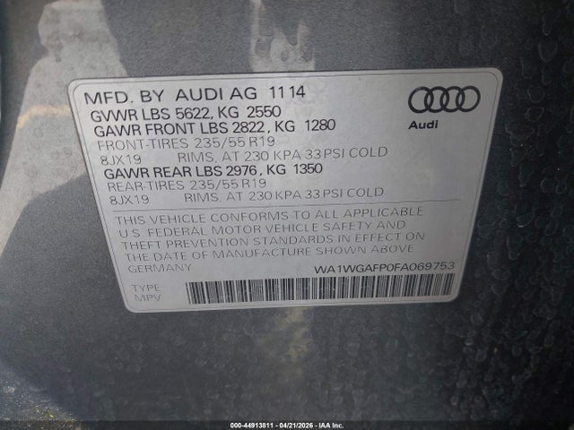 Aukcja sprzedaży 2015 Audi Q5 3.0t Premium Plus, vin: WA1WGAFP0FA069753, numer aukcji: 44913811