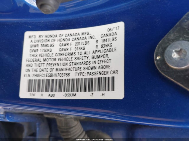 Aukcja sprzedaży 2017 Honda Civic Si, vin: 2HGFC1E58HH703768, numer aukcji: 44913830