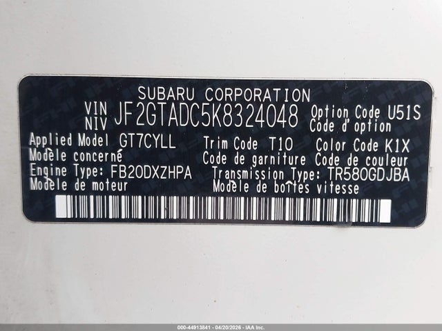 2019 Subaru Crosstrek 2.0i Premium მანქანა იყიდება აუქციონზე, vin: JF2GTADC5K8324048, აუქციონის ნომერი: 44913841