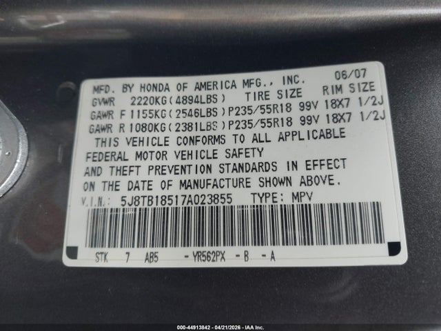 Aukcja sprzedaży 2007 Acura Rdx, vin: 5J8TB18517A023855, numer aukcji: 44913842