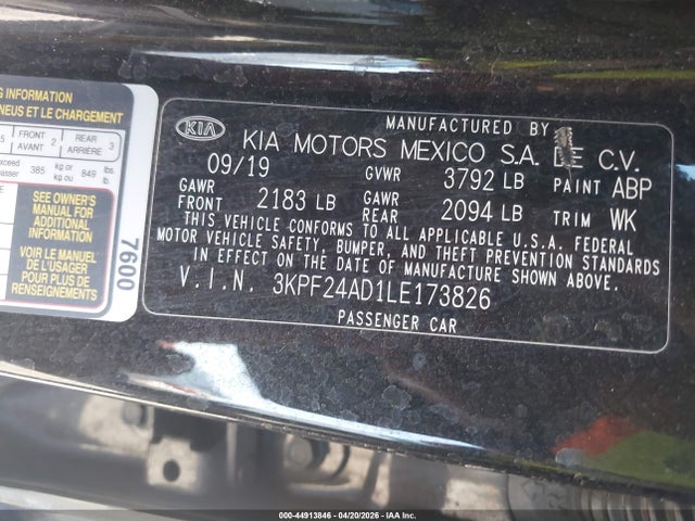 Продаж на аукціоні авто 2020 Kia Forte Fe, vin: 3KPF24AD1LE173826, номер лоту: 44913846