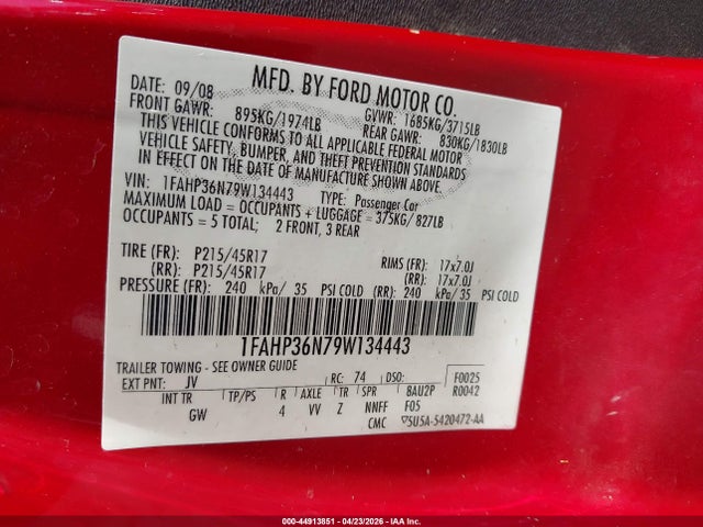 Продажа на аукционе авто 2009 Ford Focus Ses, vin: 1FAHP36N79W134443, номер лота: 44913851
