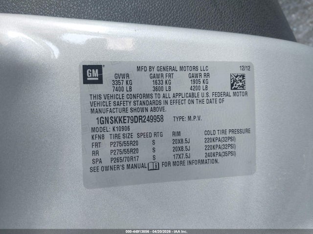 Продажа на аукционе авто 2013 Chevrolet Suburban 1500 Ltz, vin: 1GNSKKE79DR249958, номер лота: 44913856