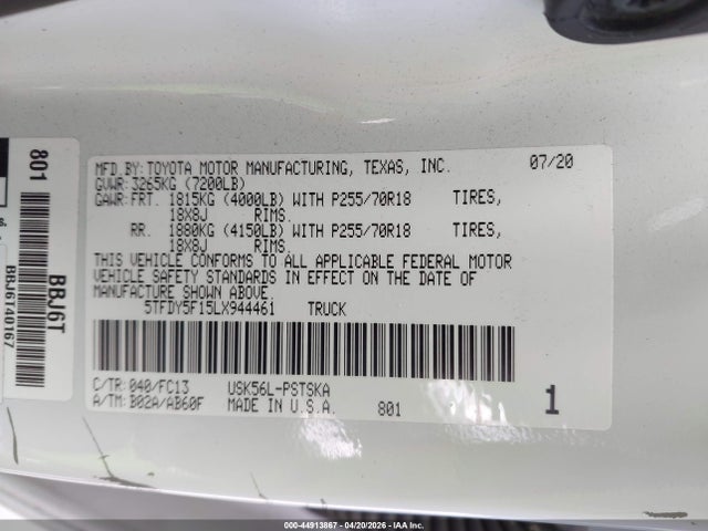 Aukcja sprzedaży 2020 Toyota Tundra Sr5, vin: 5TFDY5F15LX944461, numer aukcji: 44913867