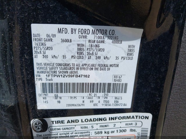 Продаж на аукціоні авто 2009 Ford F-150 King Ranch/lariat/platinum/xl/xlt, vin: 1FTPW12V59FB47162, номер лоту: 44913868