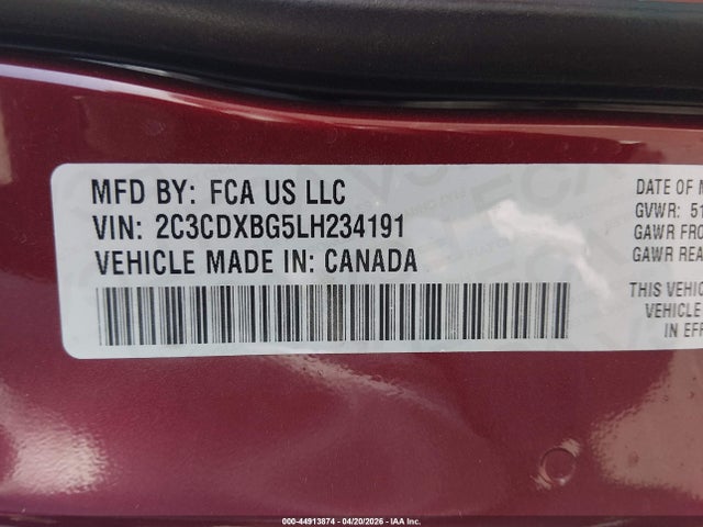 44913874 :رقم المزاد ، 2C3CDXBG5LH234191 vin ، 2020 Dodge Charger Sxt Rwd مزاد بيع