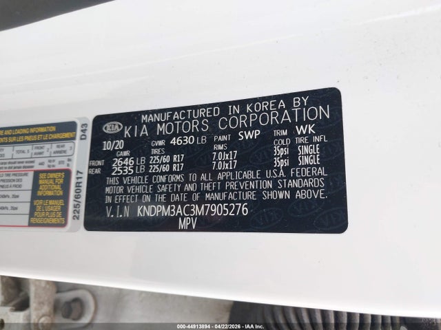 Aukcja sprzedaży 2021 Kia Sportage Lx, vin: KNDPM3AC3M7905276, numer aukcji: 44913894