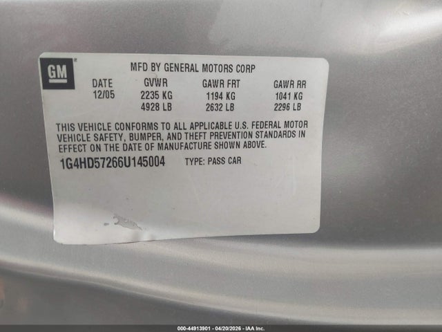 44913901 :رقم المزاد ، 1G4HD57266U145004 vin ، 2006 Buick Lucerne Cxl مزاد بيع