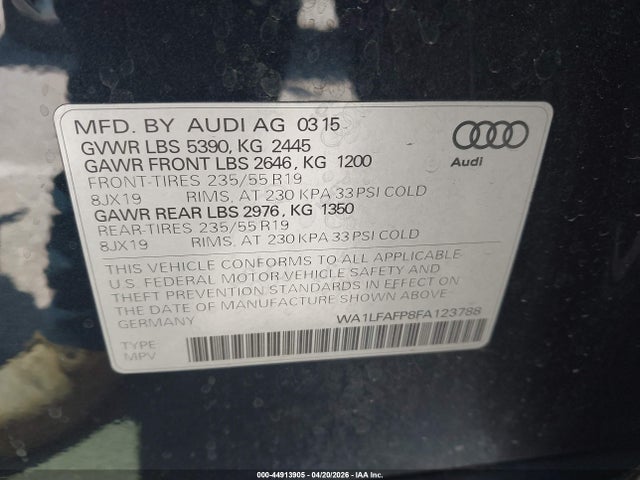 2015 Audi Q5 2.0t Premium მანქანა იყიდება აუქციონზე, vin: WA1LFAFP8FA123788, აუქციონის ნომერი: 44913905