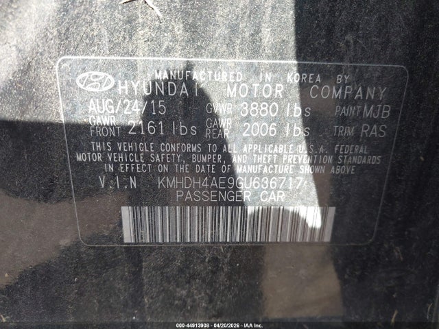 Продаж на аукціоні авто 2016 Hyundai Elantra Se, vin: KMHDH4AE9GU636717, номер лоту: 44913908