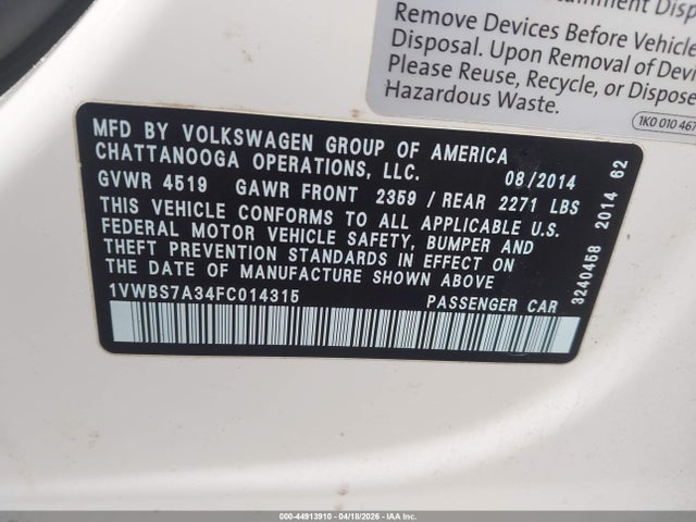 2015 Volkswagen Passat 1.8t Se მანქანა იყიდება აუქციონზე, vin: 1VWBS7A34FC014315, აუქციონის ნომერი: 44913910