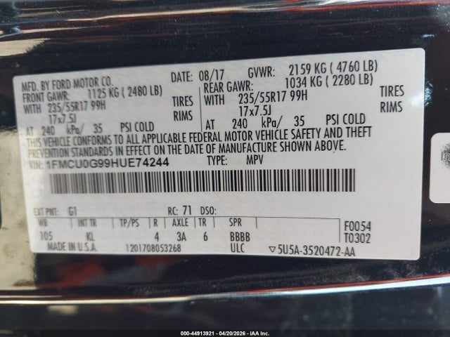 1FMCU0G99HUE74244 Ford ESCAPE SE