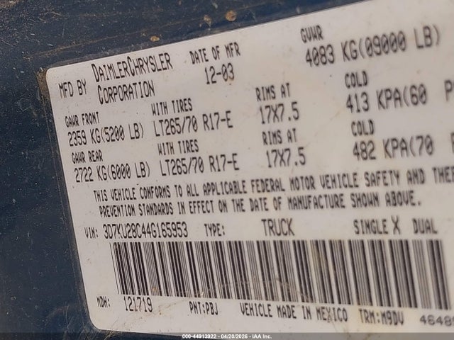 44913922 :رقم المزاد ، 3D7KU28C44G165953 vin ، 2004 Dodge Ram 2500 Slt/laramie مزاد بيع
