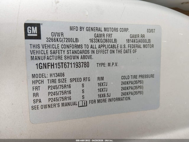 44913932 :رقم المزاد ، 1GNFH15T671193780 vin ، 2007 Chevrolet Express Ls مزاد بيع