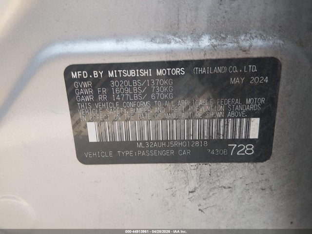 Auction sale of the 2024 Mitsubishi Mirage Es/le, vin: ML32AUHJ5RH012818, lot number: 44913961