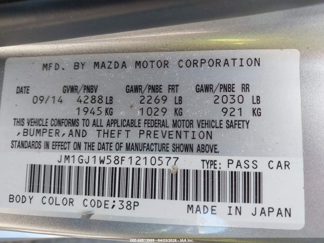 2015 Mazda Mazda6 I Grand Touring მანქანა იყიდება აუქციონზე, vin: JM1GJ1W58F1210577, აუქციონის ნომერი: 44913989