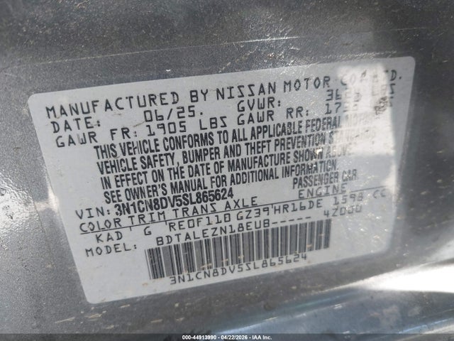 44913990 :رقم المزاد ، 3N1CN8DV5SL865624 vin ، 2025 Nissan Versa 1.6 S مزاد بيع