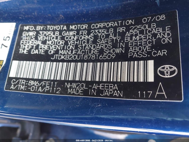 44913998 :رقم المزاد ، JTDKB20U187816509 vin ، 2008 Toyota Prius مزاد بيع