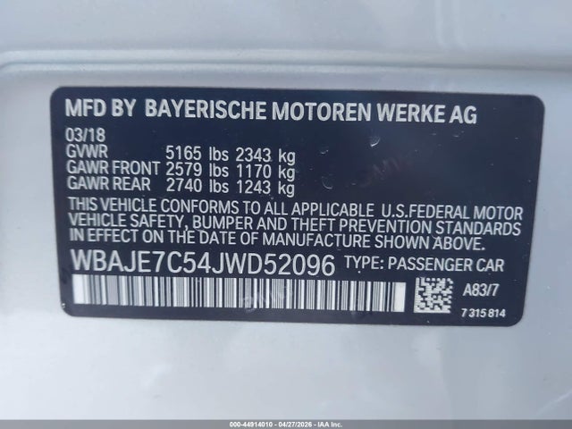 Aukcja sprzedaży 2018 Bmw 540i Xdrive, vin: WBAJE7C54JWD52096, numer aukcji: 44914010