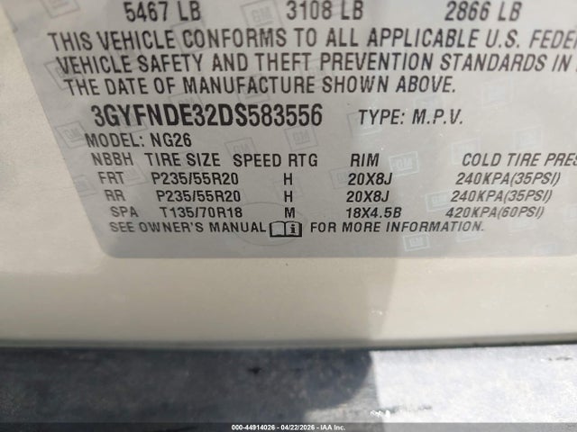 44914026 :رقم المزاد ، 3GYFNDE32DS583556 vin ، 2013 Cadillac Srx Performance Collection مزاد بيع